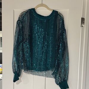 Anthropologie Pilcro Teal Sequin Mesh Blouse